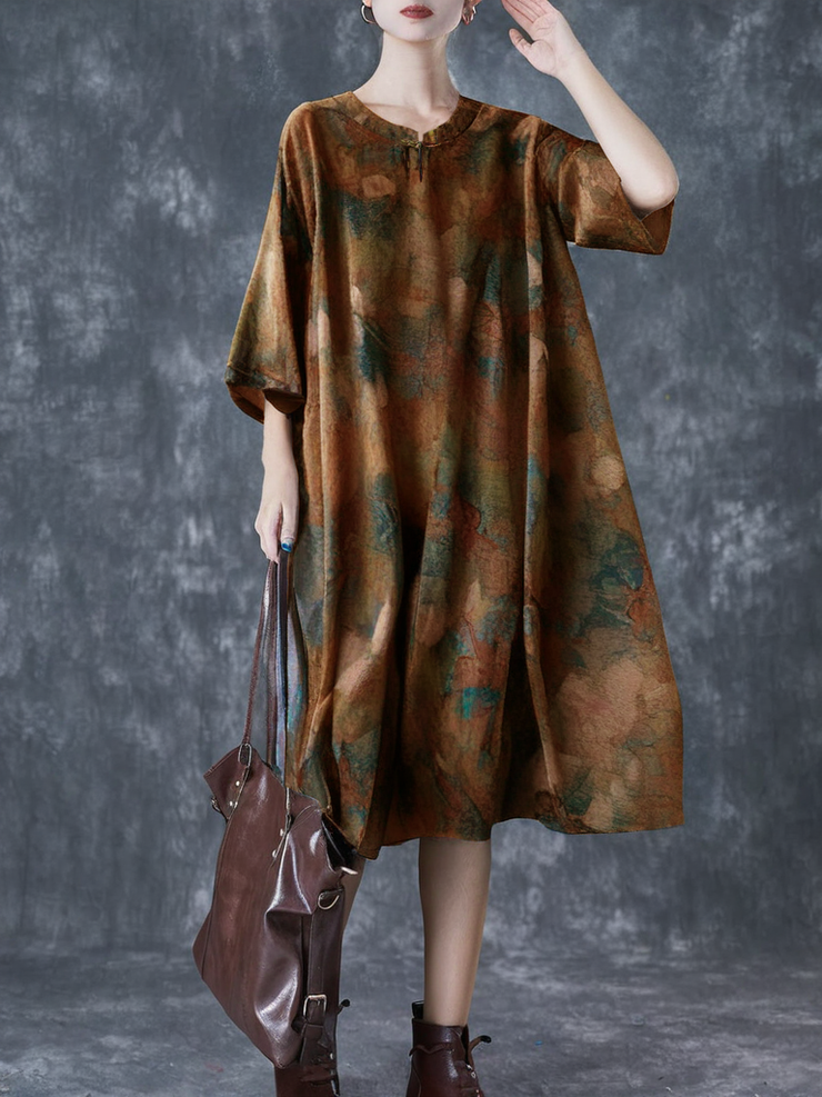 Grace Stand Collar Button Print Linen Dress Summer