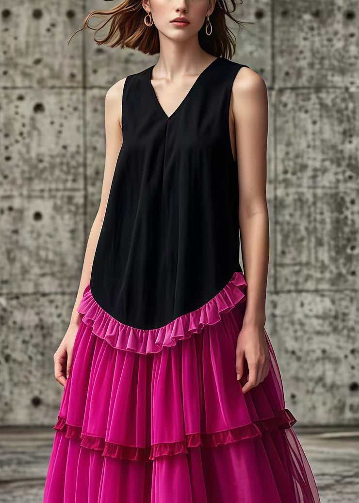 Rose Patchwork Tulle Cotton Long Dresses Ruffled Sleeveless