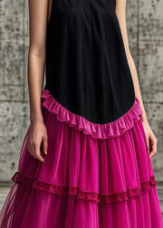 Rose Patchwork Tulle Cotton Long Dresses Ruffled Sleeveless