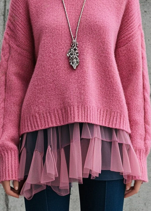 Rose Patchwork Tulle Knit Sweater Oversized Thick Fall