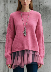 Rose Patchwork Tulle Knit Sweater Oversized Thick Fall