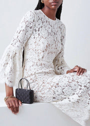 Sexy Beige Hollow Out Side Open Lace Dress Flare Sleeve