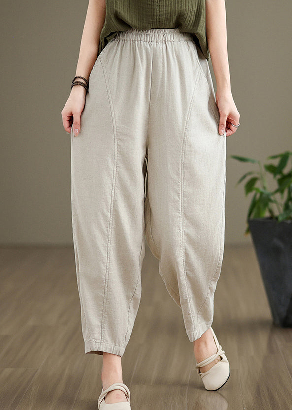 Simple Beige Pockets Elastic Waist Cotton Pants Fall