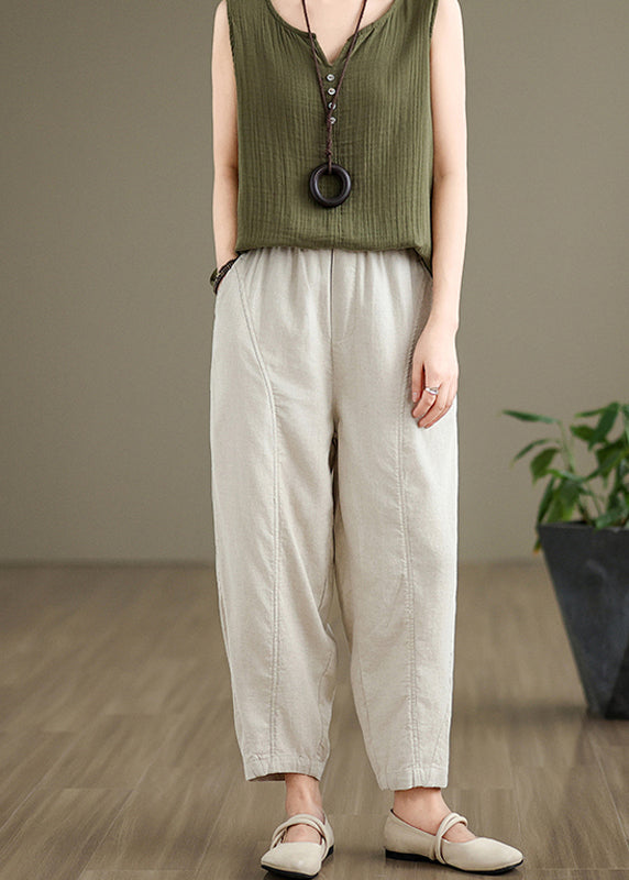 Simple Beige Pockets Elastic Waist Cotton Pants Fall