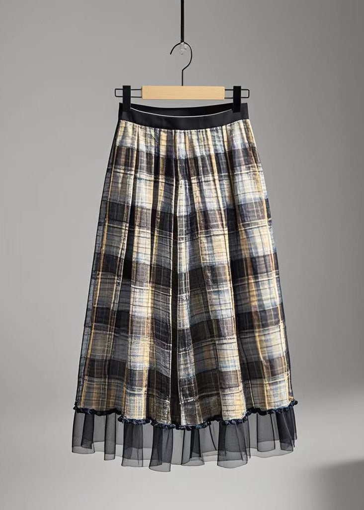 Simple Brown Plaid Patchwork Tulle Skirt Summer