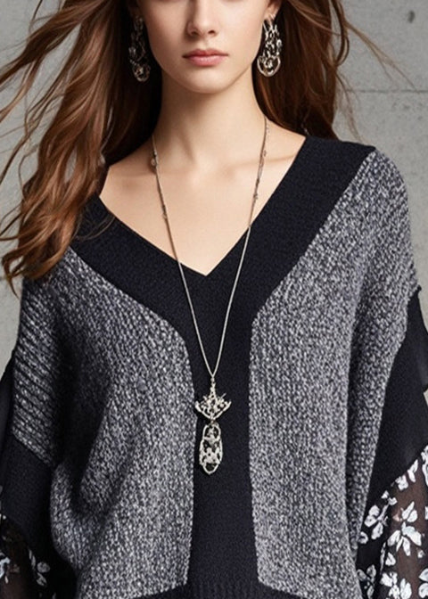 Simple Grey V Neck Patchwork Ruffles Knit Sweater Tops Fall