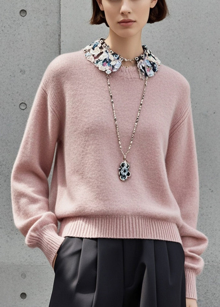 Simple Light Pink Stand Collar Patchwork Knitted Tops Fall