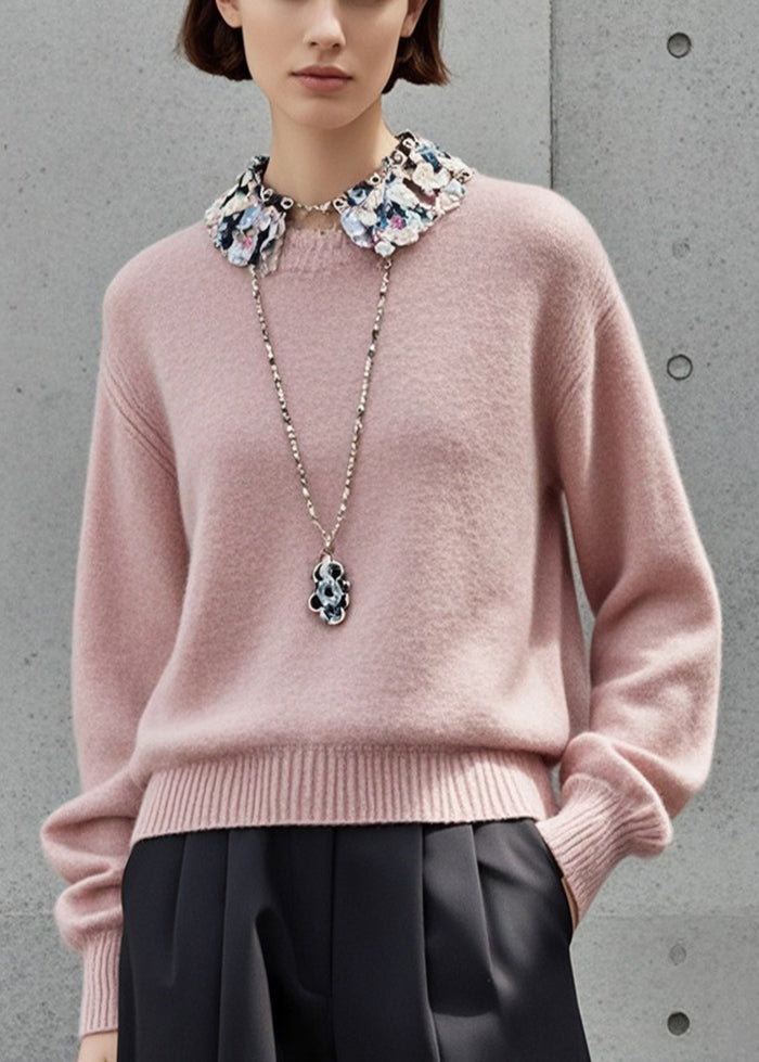 Simple Light Pink Stand Collar Patchwork Knitted Tops Fall