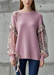 Simple Light Purple Ruffled Patchwork Knitted Tops Fall