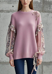 Simple Light Purple Ruffled Patchwork Knitted Tops Fall