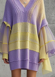 Simple Purple V Neck Patchwork Tulle Sweater Dress Fall