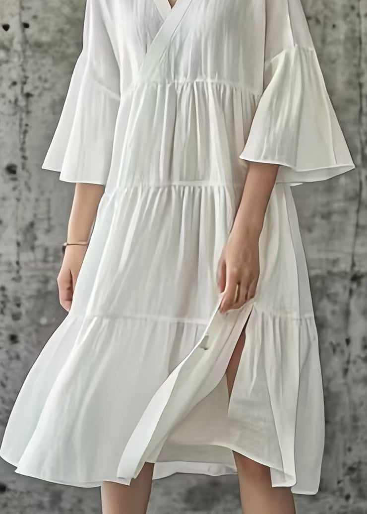 Simple White Side Open Wrinkled Cotton Long Dresses Summer