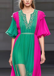 Style Green V Neck Patchwork Wrinkled Chiffon Robe Dresses Summer