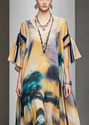 Style Khaki Oversized Tie Dye Chiffon Dresses Fall