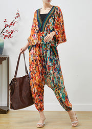 Style Orange Oversized Print Chiffon Two Pieces Set Batwing Sleeve