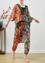 Style Orange Oversized Print Chiffon Two Pieces Set Batwing Sleeve