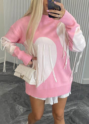 Style Pink O Neck Tassel Heart Knit Sweaters Fall