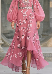 Style Rose V Neck Print Chiffon Long Dresses Lantern Sleeve