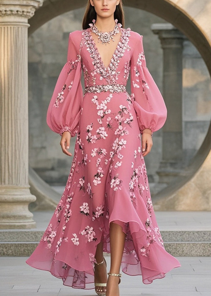 Style Rose V Neck Print Chiffon Long Dresses Lantern Sleeve