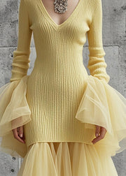 Style Yellow V Neck Patchwork Tulle Knitwear Dress Flare Sleeve