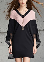 Stylish Black V Neck Patchwork Sweater Dress Cloak Sleeves