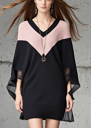 Stylish Black V Neck Patchwork Sweater Dress Cloak Sleeves