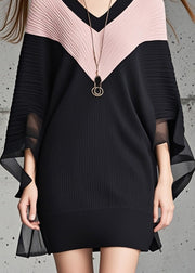 Stylish Black V Neck Patchwork Sweater Dress Cloak Sleeves