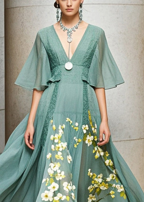 Stylish Green Cinched Print Chiffon Robe Dresses Summer