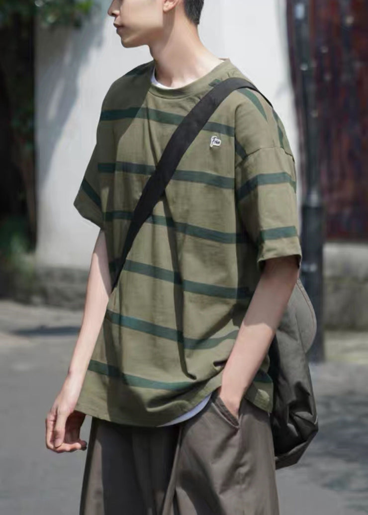 Stylish Green O Neck Striped Cotton Men T Shirt Summer