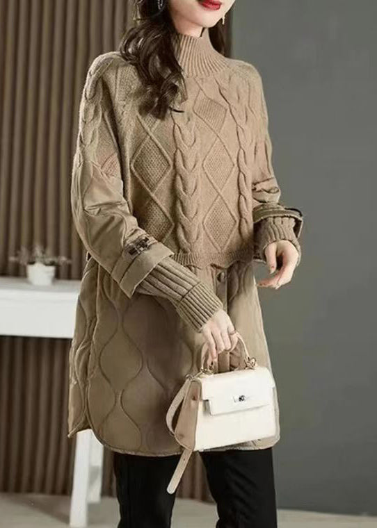 Stylish Khaki Hign Neck Thick Patchwork Knit Sweaters Fall