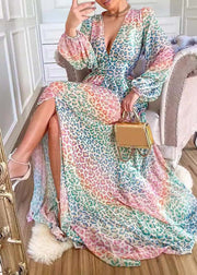 Stylish Leopard V Neck Side Open Cotton Long Dress Lantern Sleeve