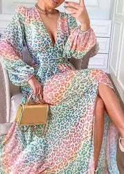 Stylish Leopard V Neck Side Open Cotton Long Dress Lantern Sleeve