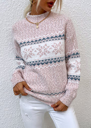 Stylish Pink Half Hign Neck Jacquard Thick Knit Sweaters Fall