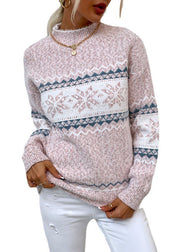 Stylish Pink Half Hign Neck Jacquard Thick Knit Sweaters Fall