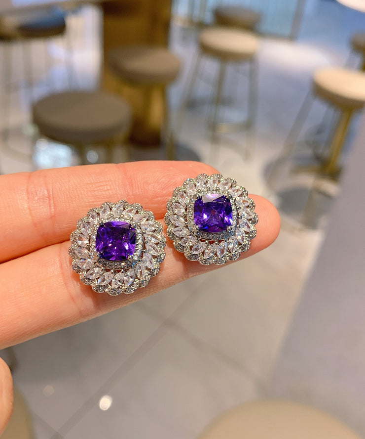 Stylish Purple Sterling Silver Inlaid Gem Stone Zircon Stud Earrings