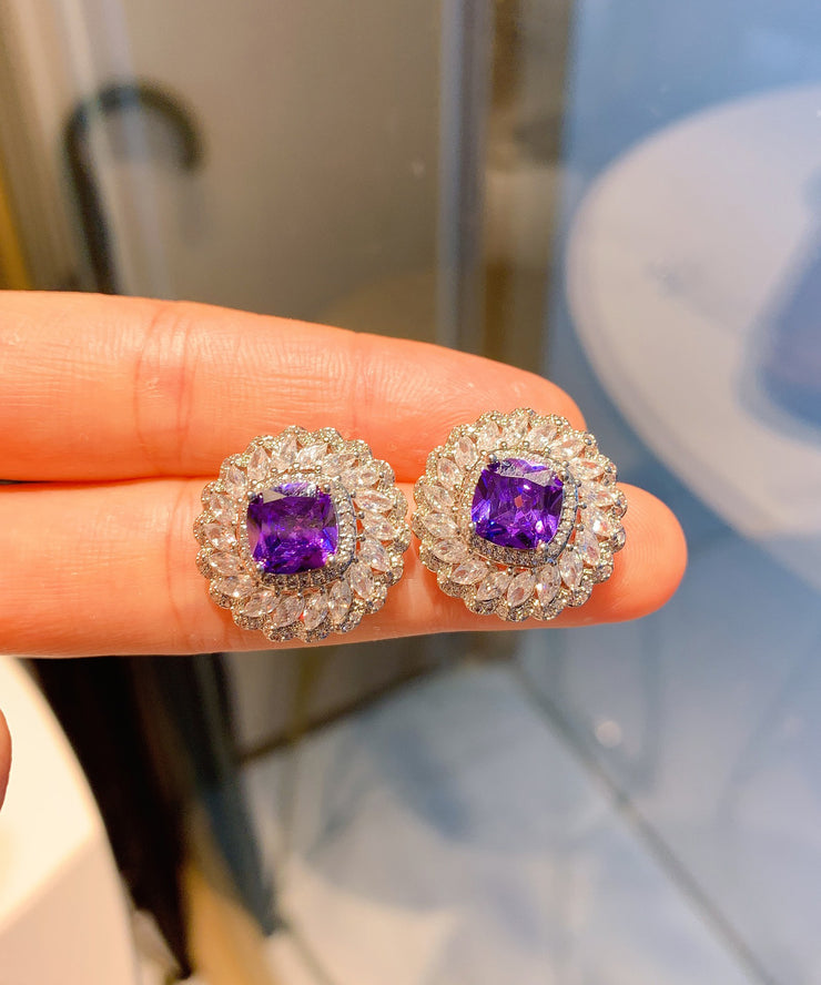 Stylish Purple Sterling Silver Inlaid Gem Stone Zircon Stud Earrings