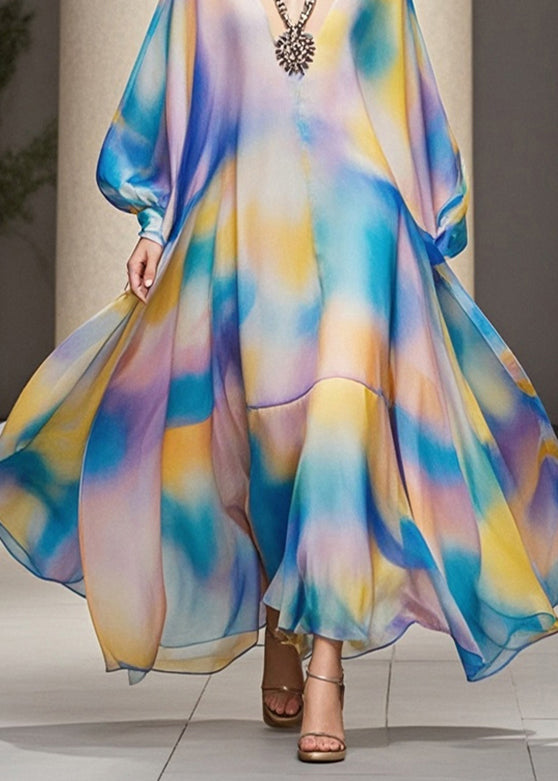 Stylish Rainbow Tie Dye Exra Large Hem Chiffon Maxi Dress Fall