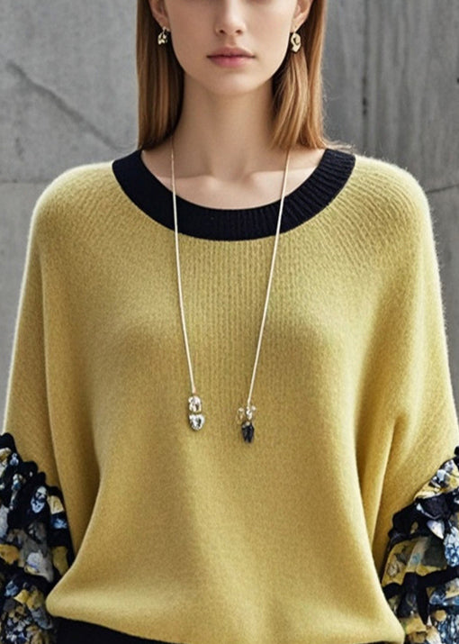 Stylish Yellow Ruffled Patchwork Warm Sweater Tops Fall