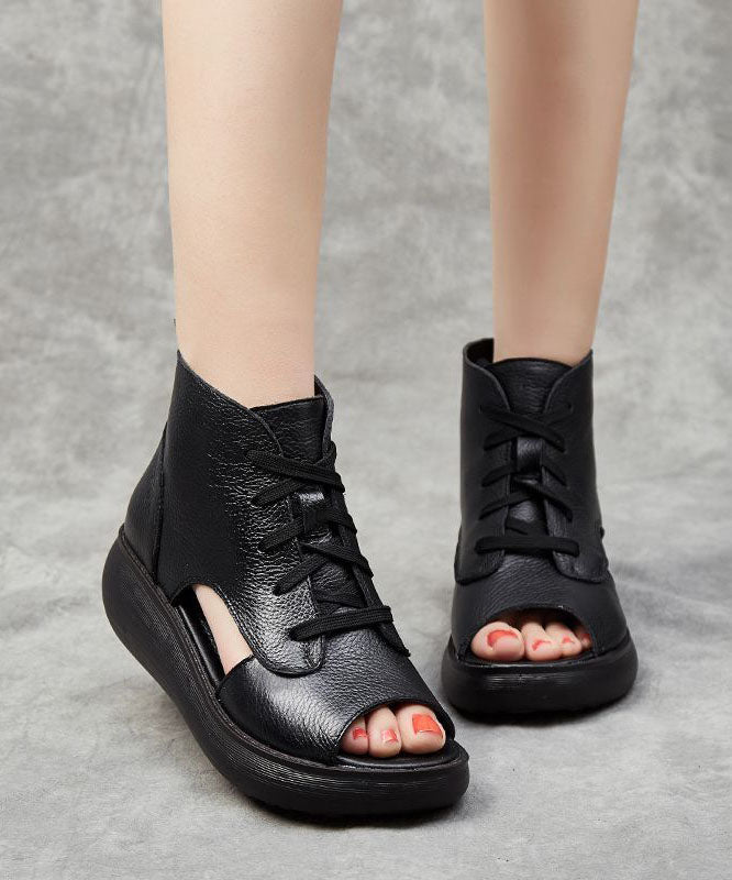 Unique Cross Strap Wedge Sandals Black Cowhide Leather