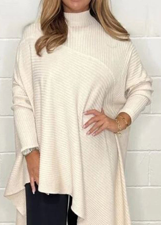 Unique Khaki Hign Neck Asymmetrical Knit Top Fall