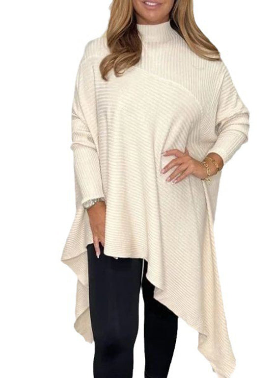 Unique Khaki Hign Neck Asymmetrical Knit Top Fall