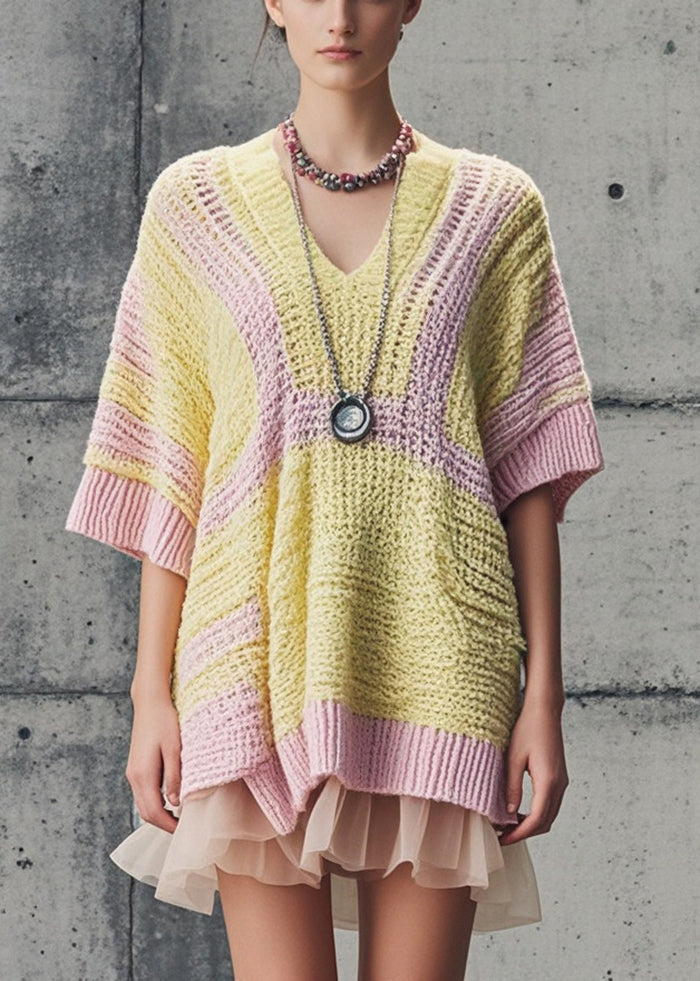 Unique Yellow Oversized Patchwork Tulle Knit Dress Short Sleeve