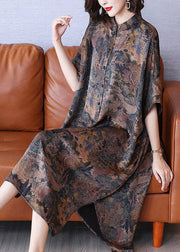 Vintage Stand Collar Print Button Side Open Low High Design Silk Maxi Dresses Half Sleeve