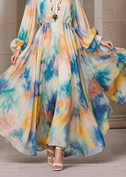 Women Beige Tie Dye Exra Large Hem Chiffon Maxi Dress Fall