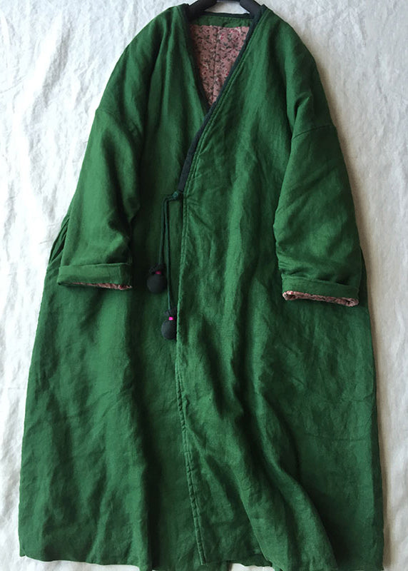 Women Green V Neck Button Cotton Filled Parka Long Coats Winter