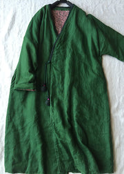 Women Green V Neck Button Cotton Filled Parka Long Coats Winter