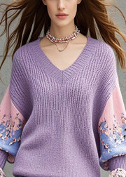 Women Lavender V Neck Patchwork Knit Shirts Flare Sleeve