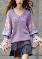 Women Lavender V Neck Patchwork Knit Shirts Flare Sleeve