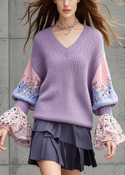 Women Lavender V Neck Patchwork Knit Shirts Flare Sleeve