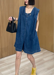 Women Loose Blue U Neck Pockets Denim Jumpsuits Summer